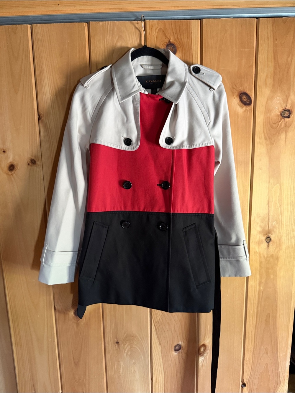 Coach Colorblock Trench Coat in Ivory, Red & Black